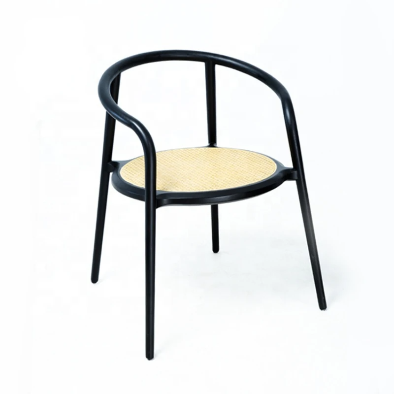 Round Black Teak Wood Chair with Woven Rattan