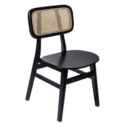 Black Teak Wood Chair with Woven Rattan Backrest