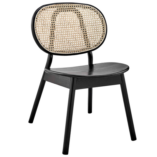 Black Teak Wood Chair with Round Woven Rattan Backrest