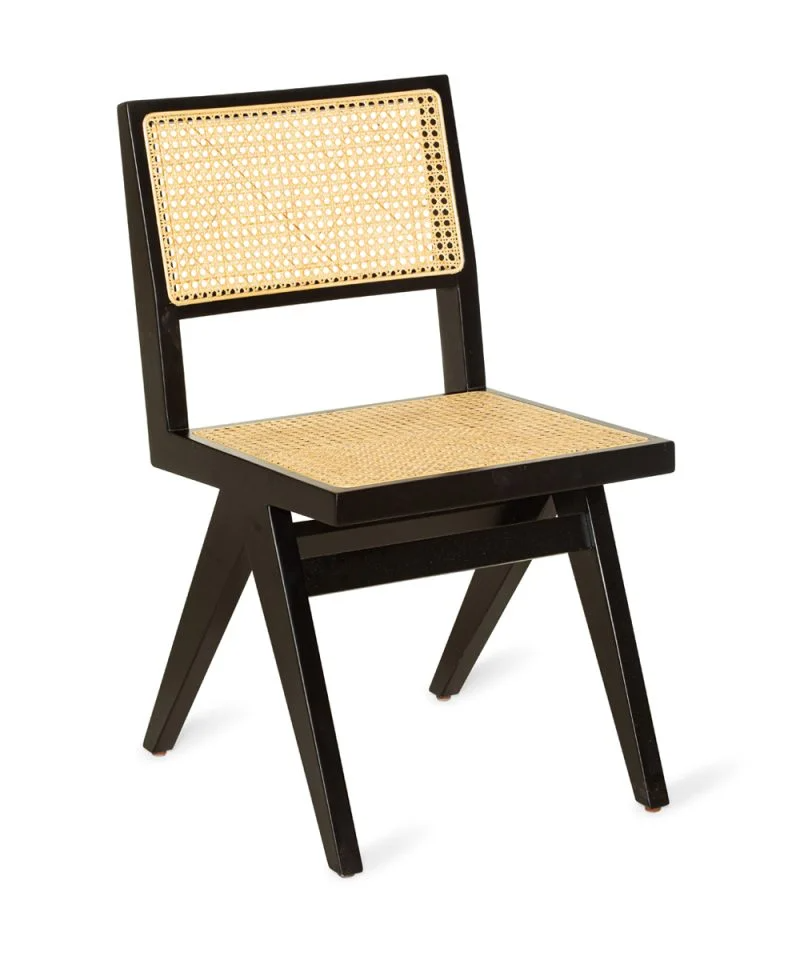 Dark Teak Wood Chair with Woven Rattan Backrest and Sitting Area