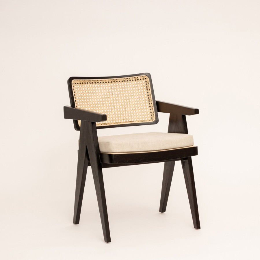 Dark Teak Wood Wood Chair with Woven Rattan Backrest and Cushion