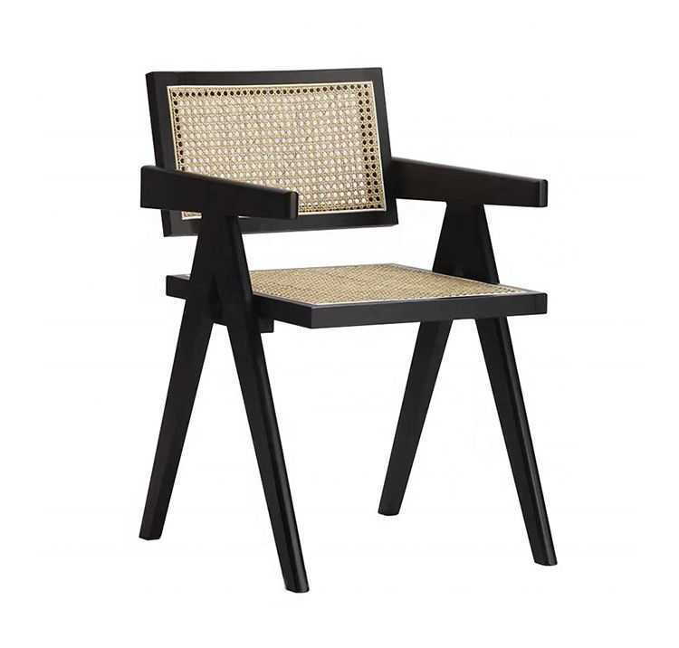 Dark Teak Wood Chair with Square Woven Rattan Backrest and Sitting Area