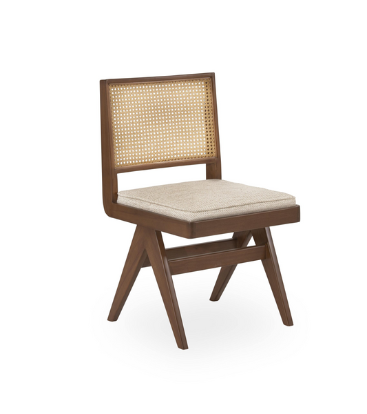 Brown Teak Wood Chair with Woven Rattan Backrest and Cushion