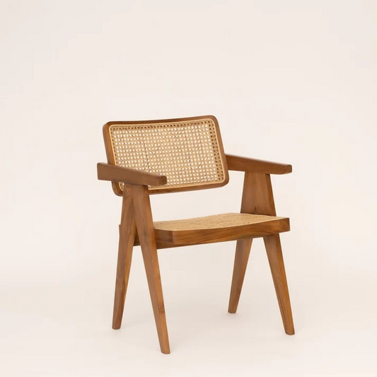 Brown Teak Wood Chair with Woven Rattan Backrest and Sitting Area