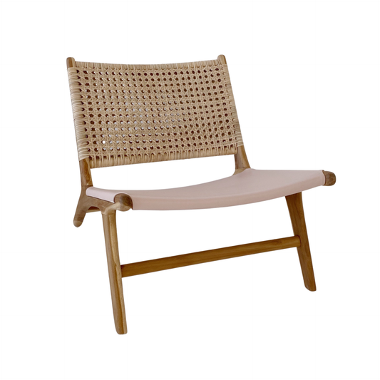 Teak Wood Chair with Woven Strings and White Leather