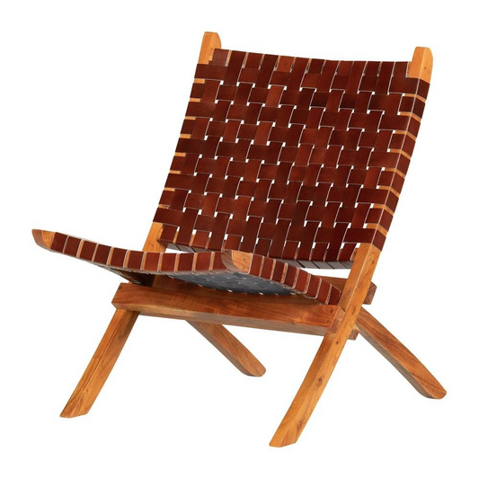 Long Teak Wood Chair with Woven Brown Water Buffalo Leather