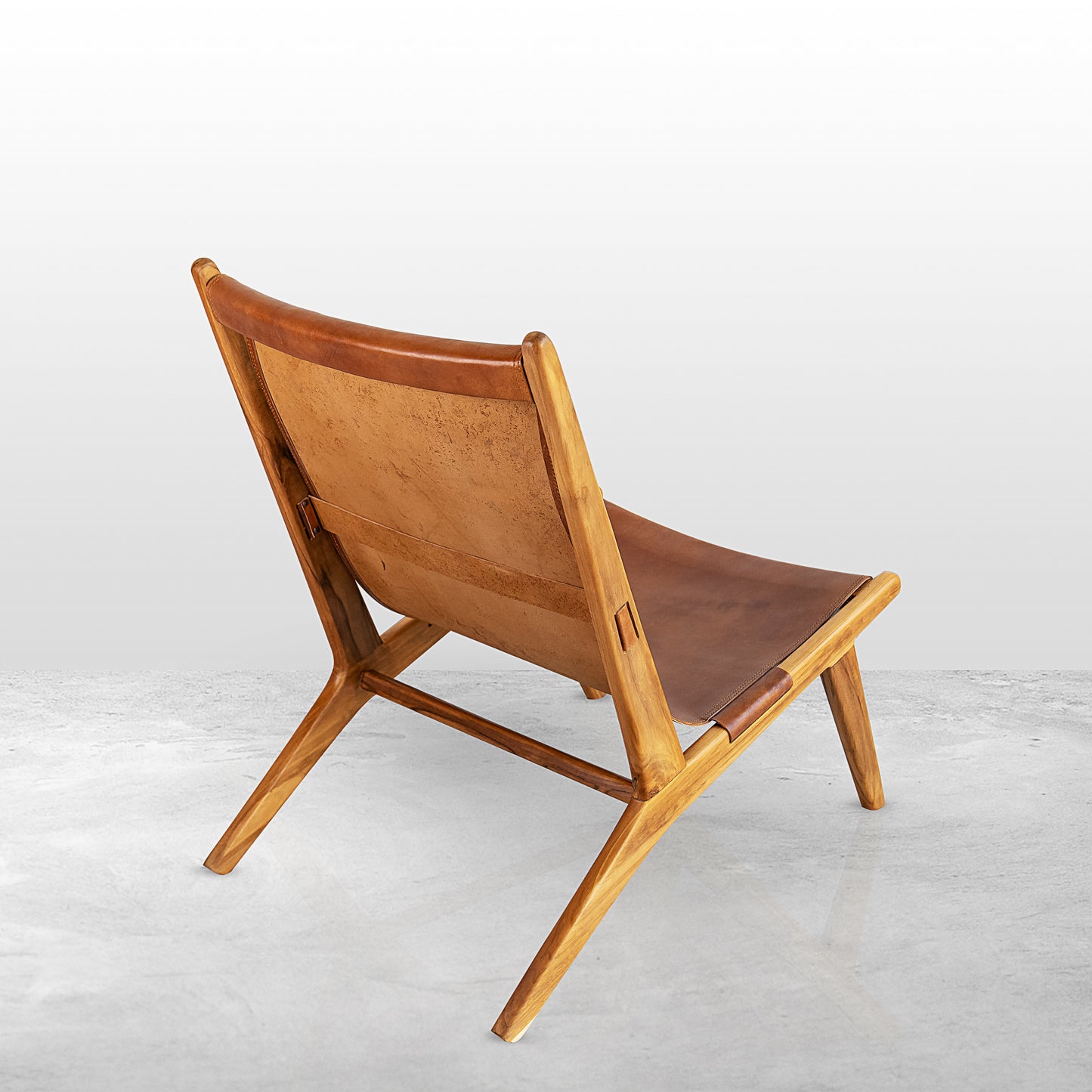 Master's Long Teak Wood Chair with Big Brown Water Buffalo Leather Piece