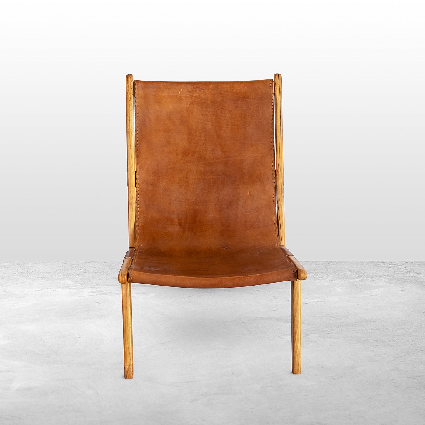 Master's Long Teak Wood Chair with Big Brown Water Buffalo Leather Piece