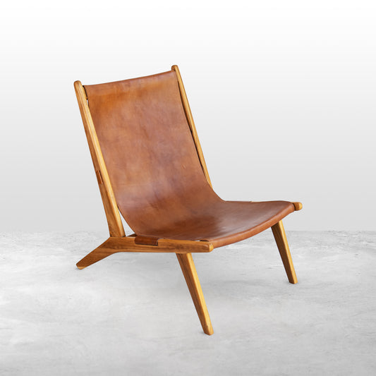 Master's Long Teak Wood Chair with Big Brown Water Buffalo Leather Piece