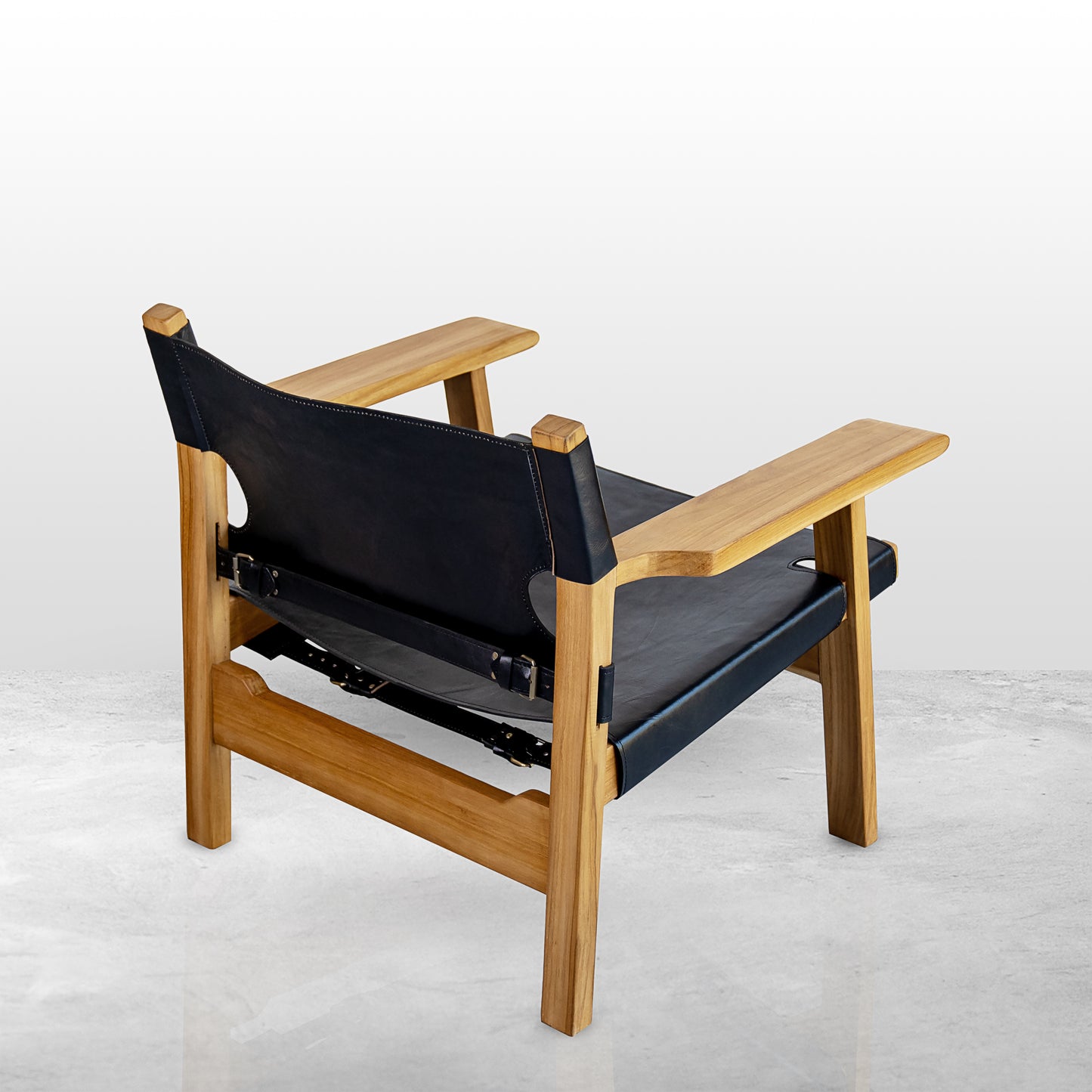 Master's Teak Wood Chair with Black Water Buffalo Leather and Armrests