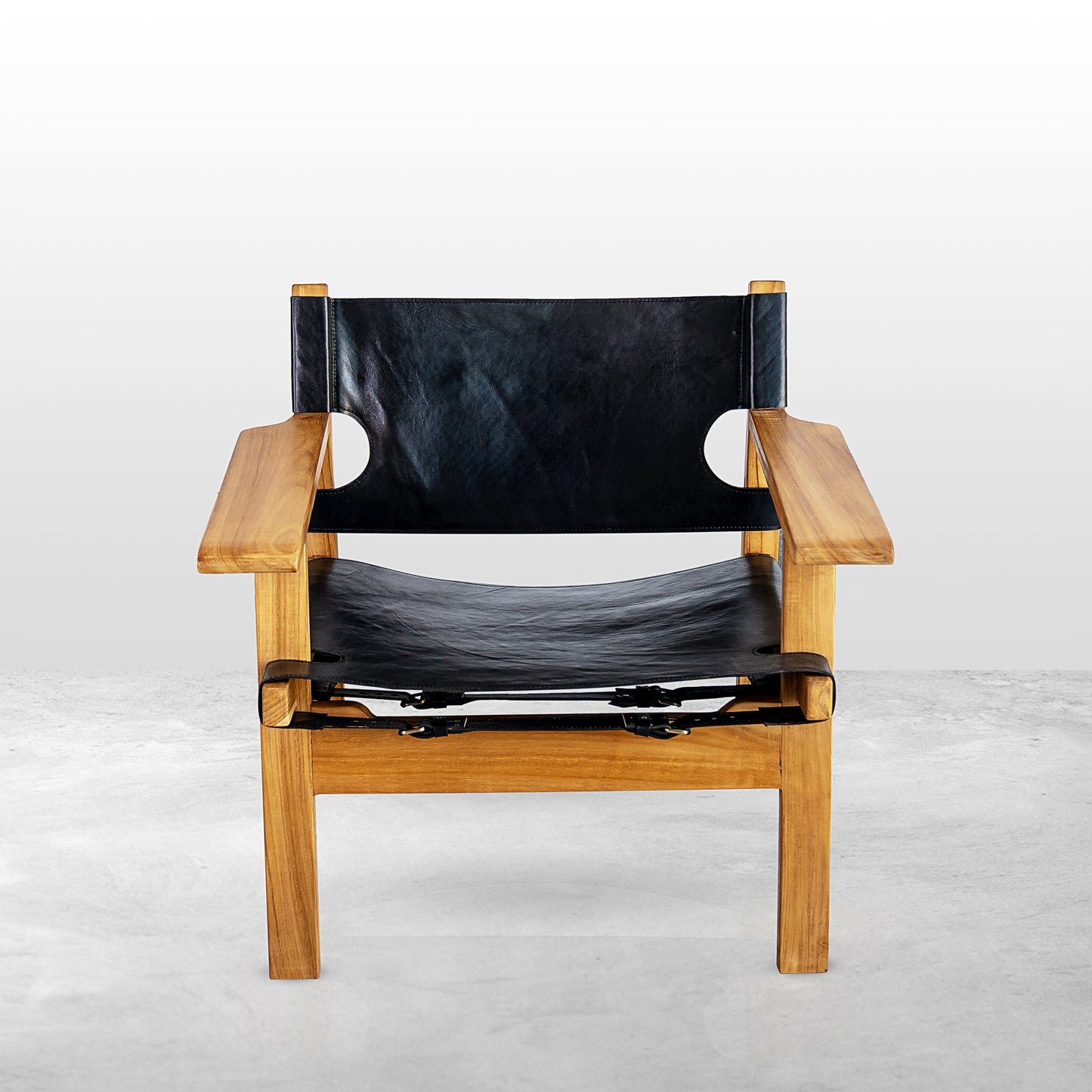 Master's Teak Wood Chair with Black Water Buffalo Leather and Armrests