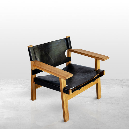 Master's Teak Wood Chair with Black Water Buffalo Leather and Armrests