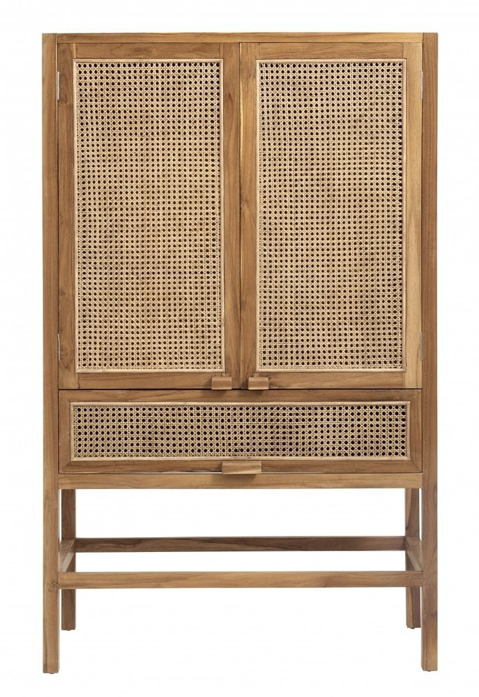 Dark Teak Wood and Woven Rattan Unique Cabinet