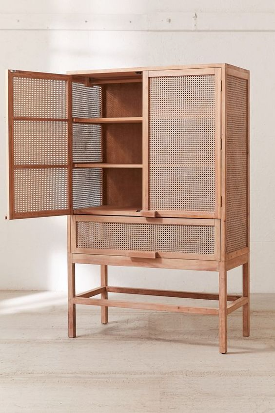 Dark Teak Wood and Woven Rattan Unique Cabinet