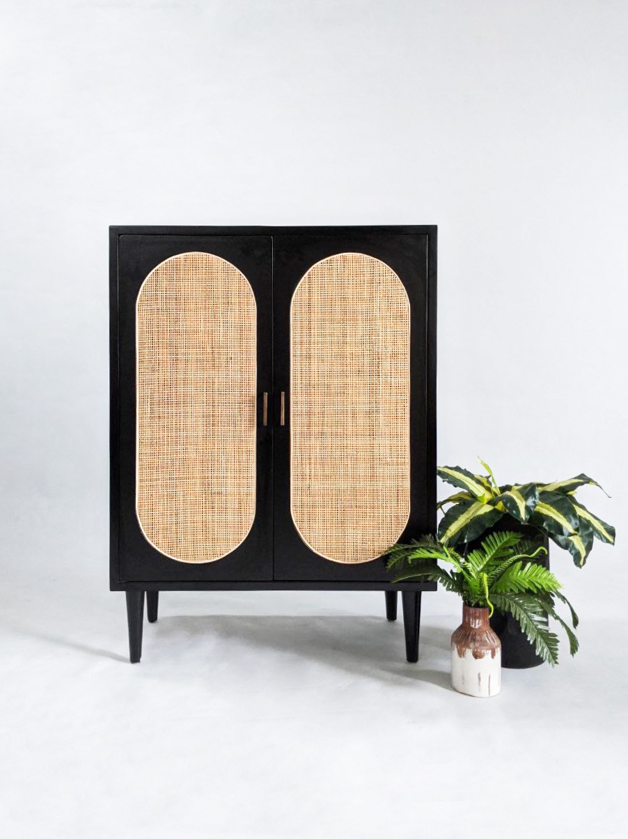 Black Treated Teak Wood and Woven Rattan Cabinet