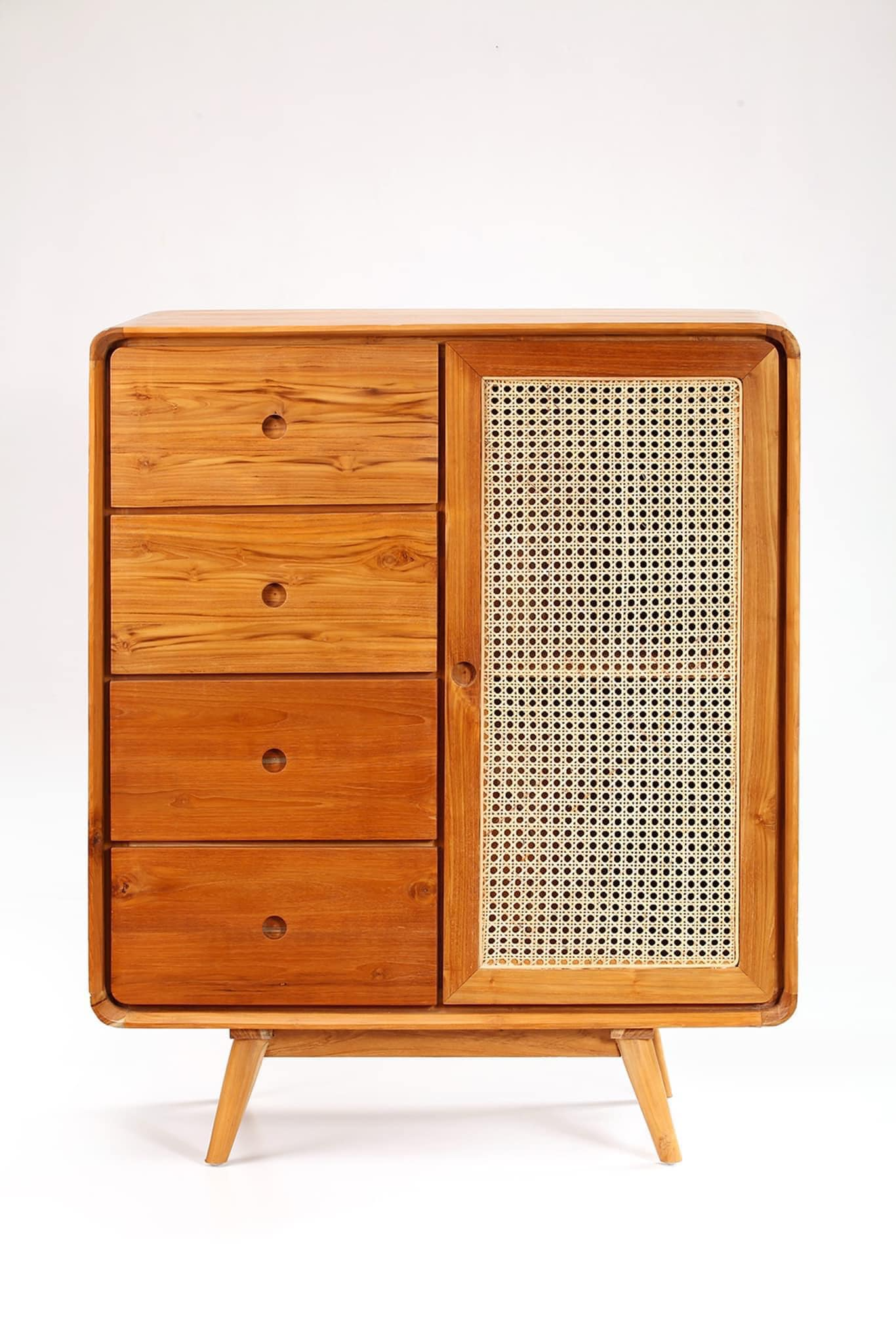 Elegant Teak Wood Cabinet with Woven Rattan