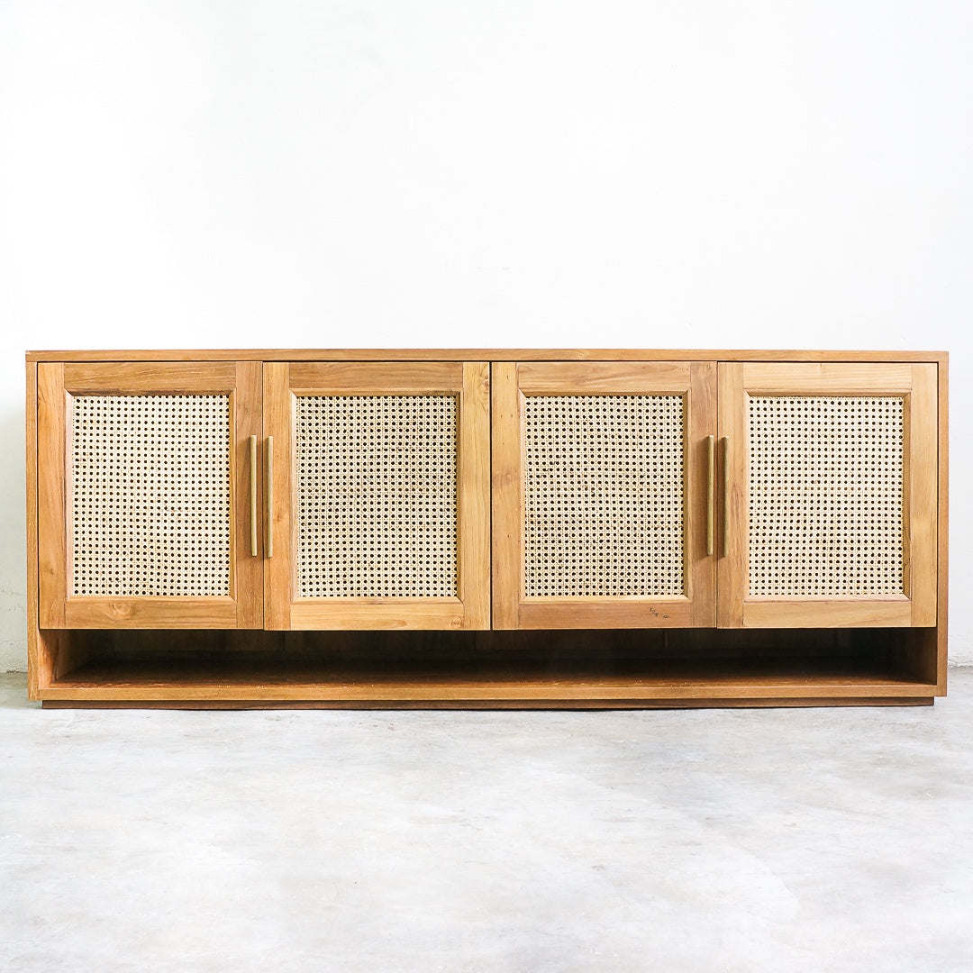 Original Teak Wood with White Woven Rattan Cabinet