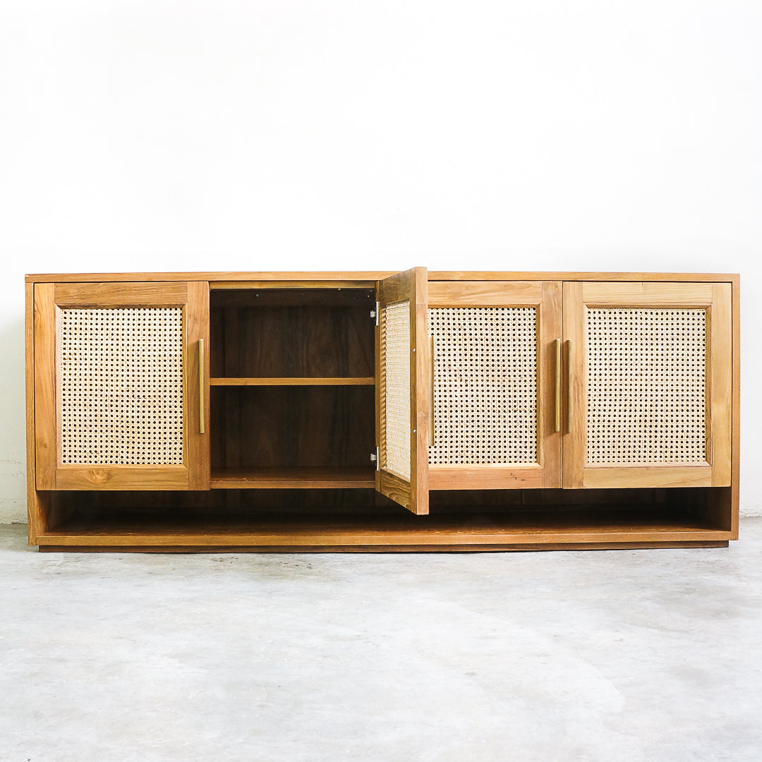 Original Teak Wood with White Woven Rattan Cabinet