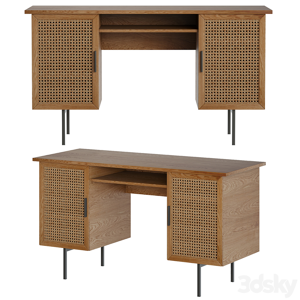 Teak Wood Console / Desk with Rattan Decoration