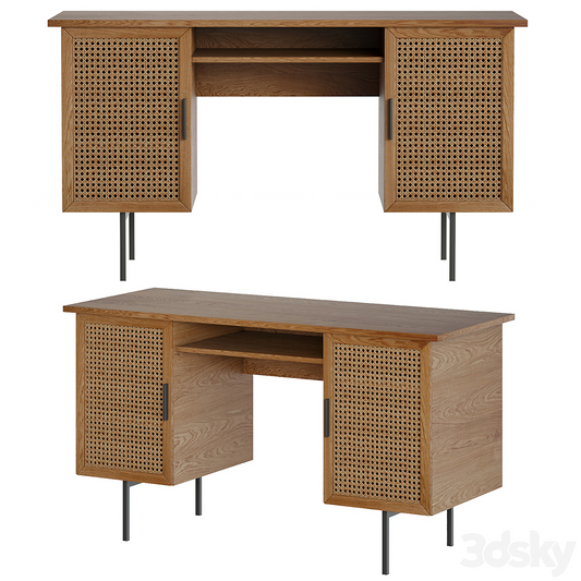 Teak Wood Console / Desk with Rattan Decoration