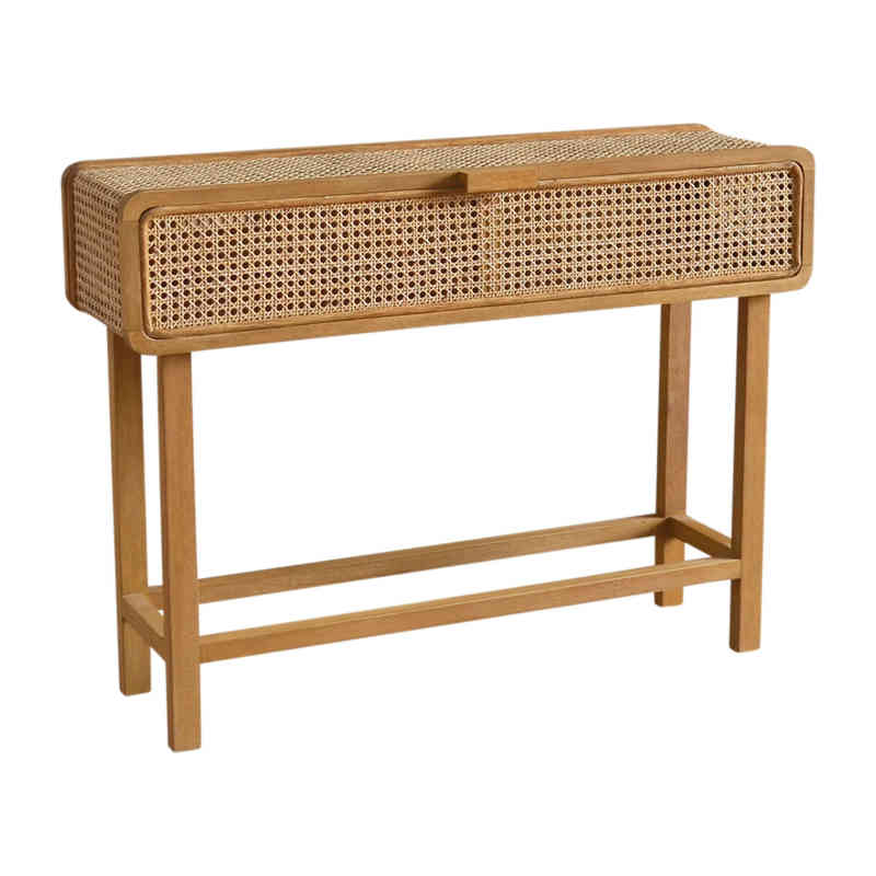 Fine Teak Wood and Woven Rattan Console