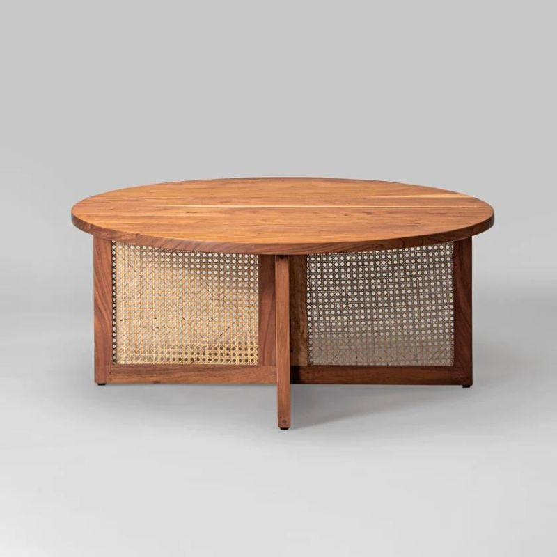 Master's Round Teak Wood Table with Woven Rattan Panels