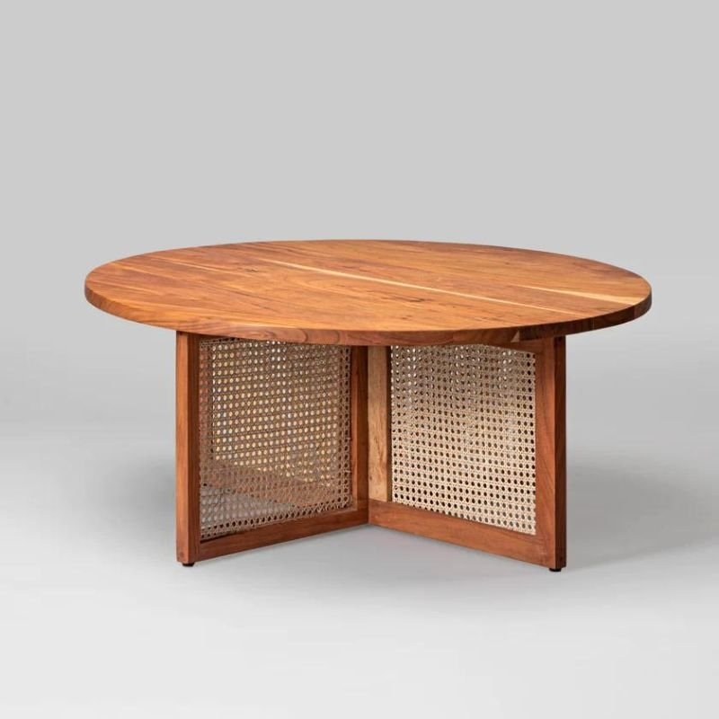 Master's Round Teak Wood Table with Woven Rattan Panels