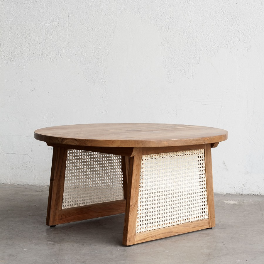 Massive Teak Wood Table with Rattan Panels