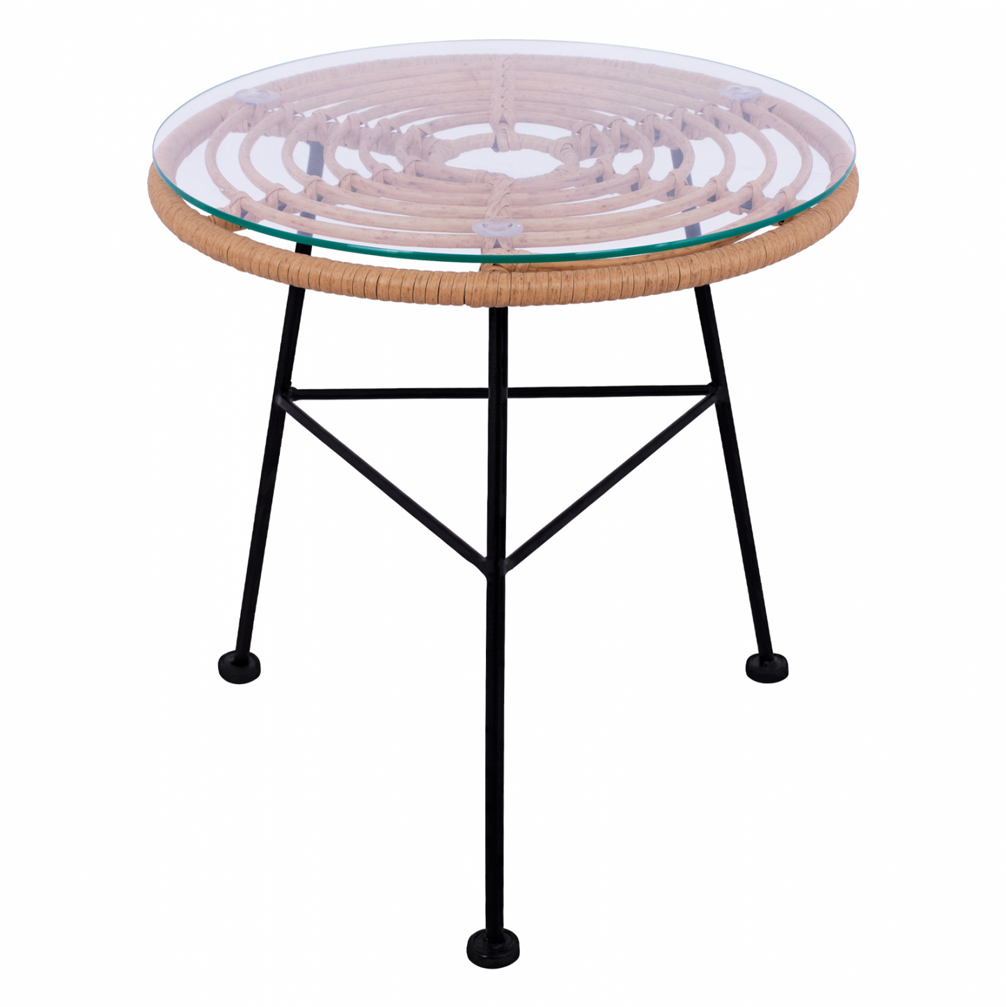 Round Steel Coffee Table with Rattan and Glass