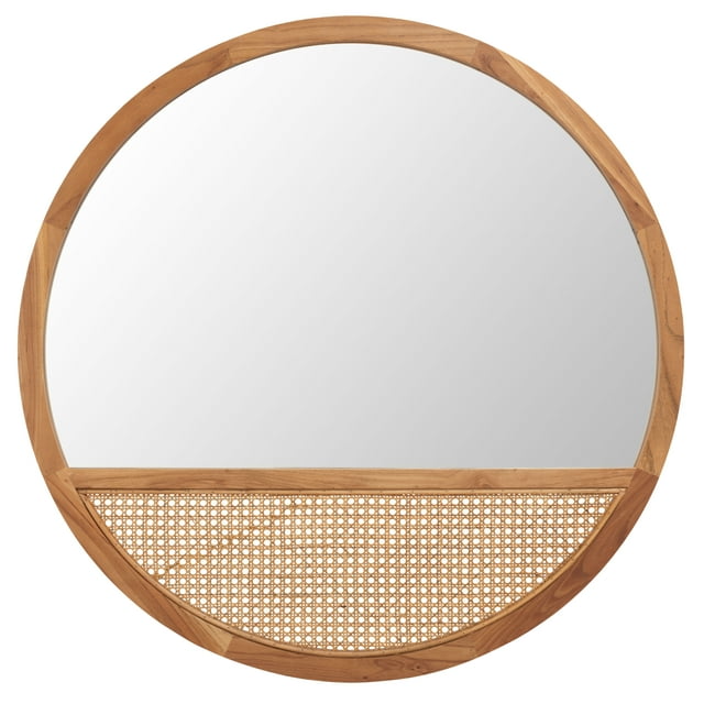 Round Teak Wood and Rattan Mirror