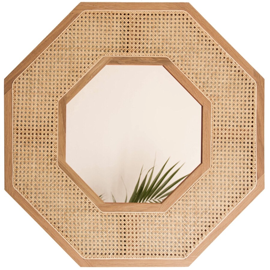 Rattan and Teak Wood Angular Mirror