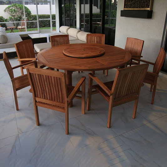 Round Fix Table 71" with 8 Miami Stacking Chairs and Lazy Susan