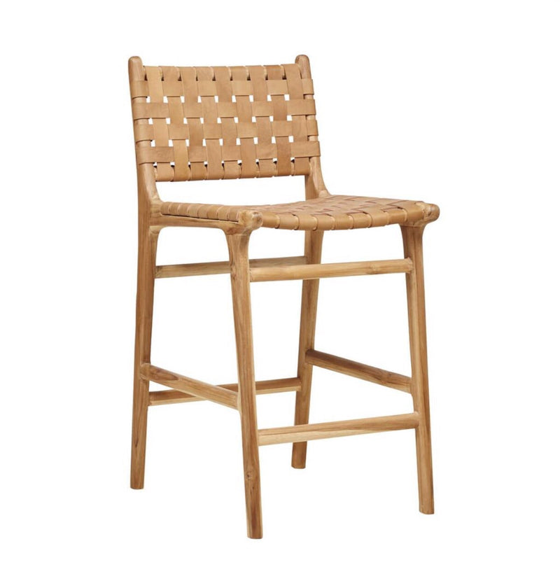 Teak Wood Stool with Woven Buffalo Leather