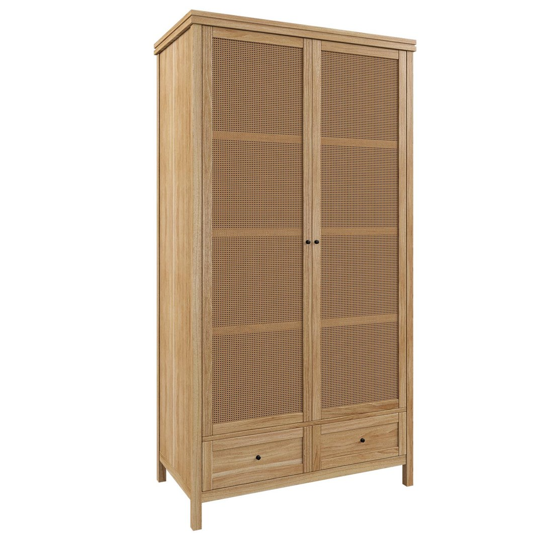 Massive and Elegant Teak Wood Wardrobe with Woven Rattan