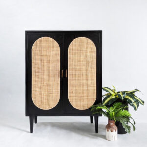 Black Treated Teak Wood and Woven Rattan Cabinet