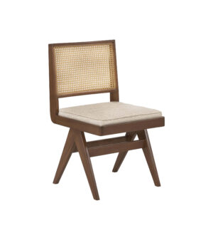 Brown Teak Wood Chair with Woven Rattan Backrest and Cushion