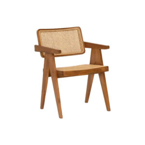 Brown Teak Wood Chair with Woven Rattan Backrest and Sitting Area
