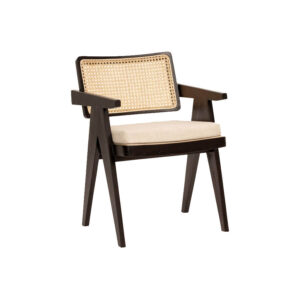 Dark Teak Wood Wood Chair with Woven Rattan Backrest and Cushion