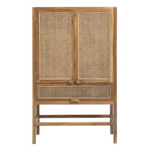Dark Teak Wood and Woven Rattan Unique Cabinet