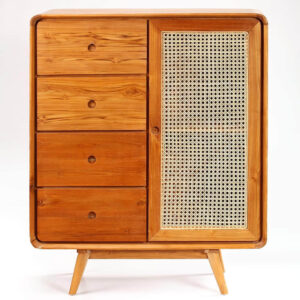 Elegant Teak Wood Cabinet with Woven Rattan