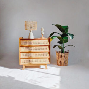 Exotic Teak Wood Cabinet with Drawers and Woven Rattan