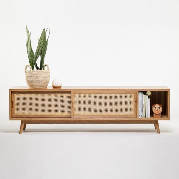 Long Teak Wood and Rattan Decoration Cabinet