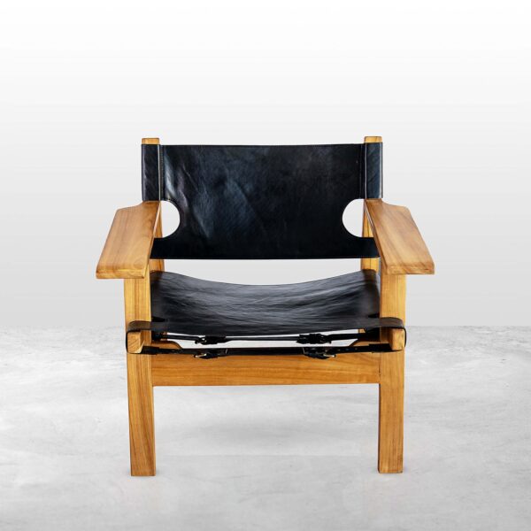Master's Teak Wood Chair with Black Water Buffalo Leather and Armrests - Image 2