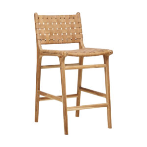 Teak Wood Stool with Woven Buffalo Leather