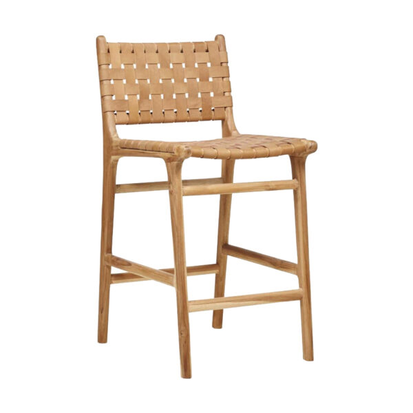 Teak Wood Stool with Woven Buffalo Leather